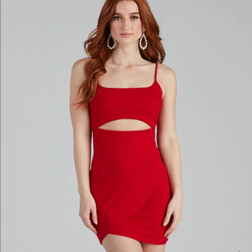 Square Neck Red Dress With Cutout